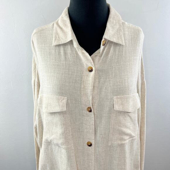 ASOS DESIGN Beige Linen Blend Long Sleeve Button-Up Collared Pocket Shirt 10T - Picture 2 of 8